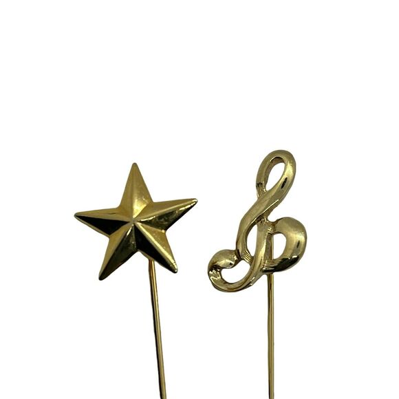Star Treble Clef Music Lapel Stick Pin Retro Women's Gold Tone Classic Set Of 2 - Picture 3 of 12